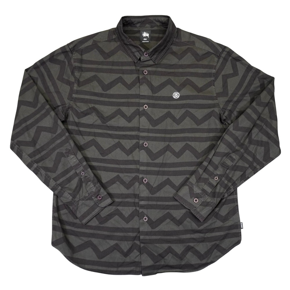 Stussy Button Down Shirt‎ Mens Large Black Gray Zig Zag Long Sleeve Streetwear